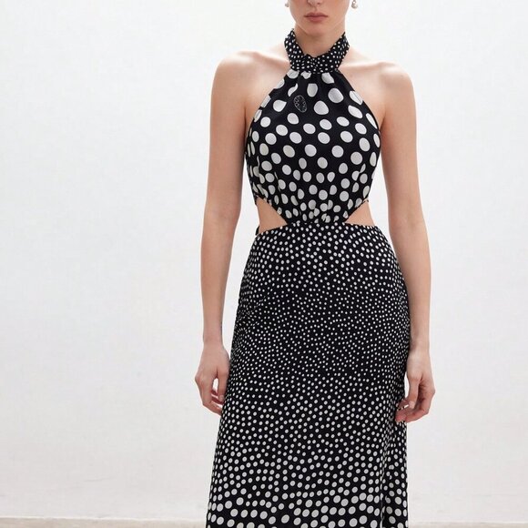 Multicolor French Romantic Women's Polka Dot Halter Asymmetrical Long Dress - Picture 4 of 6